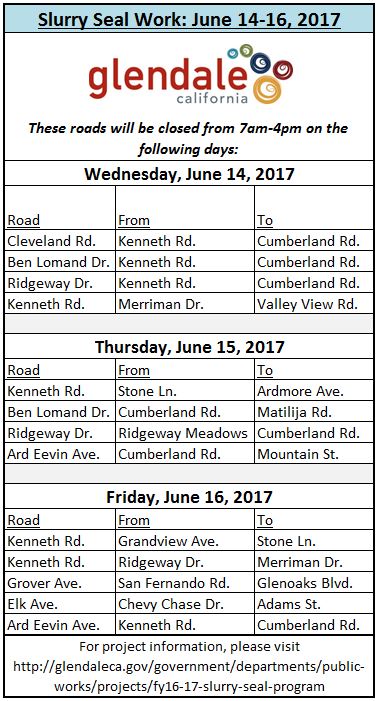 June 14-16 Slurry Seal Schedule