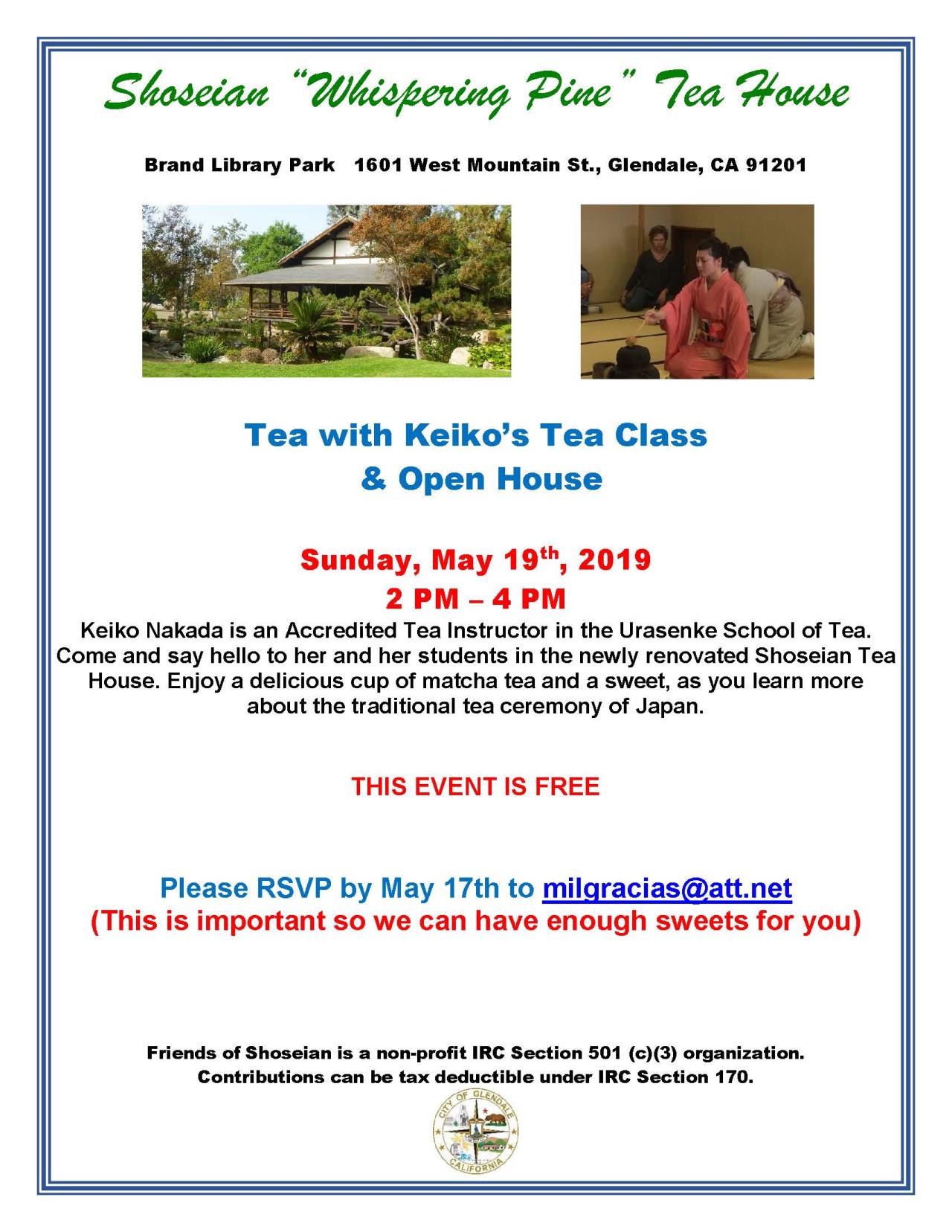 Shoseian Tea House -May 19 2019 - Tea with Keiko - Flyer V1