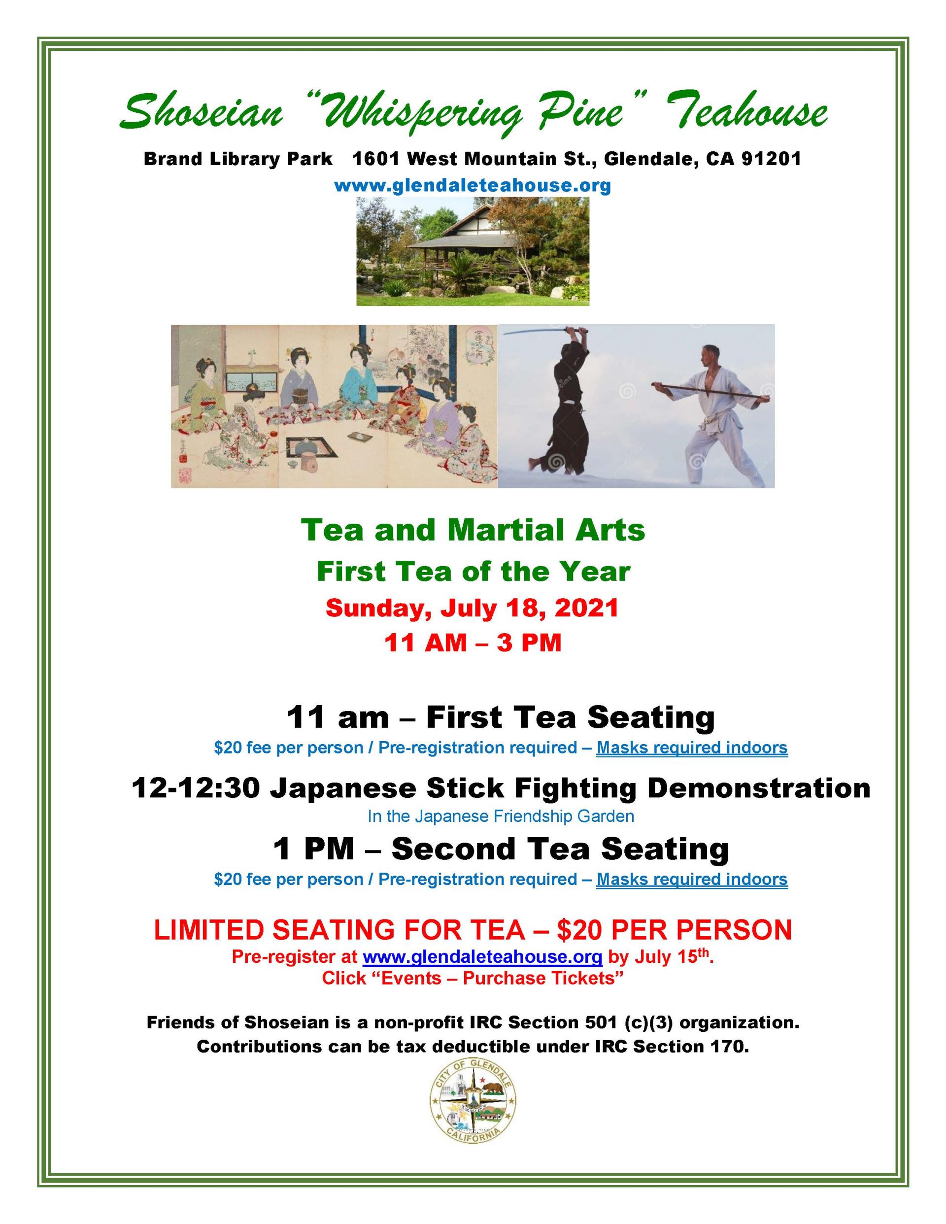 Shoseian Teahouse Tea and Martial Arts  July 18 2021 flyer V3